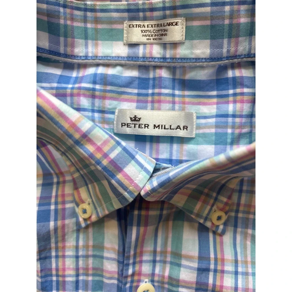 Peter‎ Millar Mens XXL Short Sleeve Button Down Shirt Blue Pink Plaid Cotton